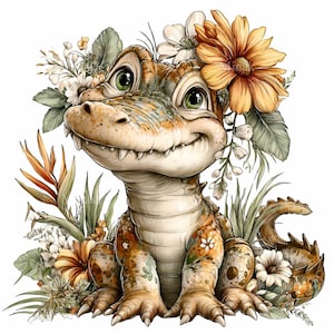 May include: A cartoon illustration of a smiling alligator with green eyes, wearing a floral crown of yellow and white flowers. The alligator is surrounded by lush greenery and flowers, creating a whimsical design.
