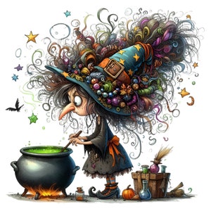 12 Wunderliche Hexe PNG Clipart, lustige Cartoon Hexe mit verrücktem Haar rührenden Kessel, Halloween Magie Digital Download