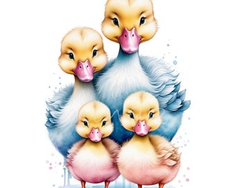 12 PNG Duckling Family Clipart, Duck Mother Baby Nursery Bird