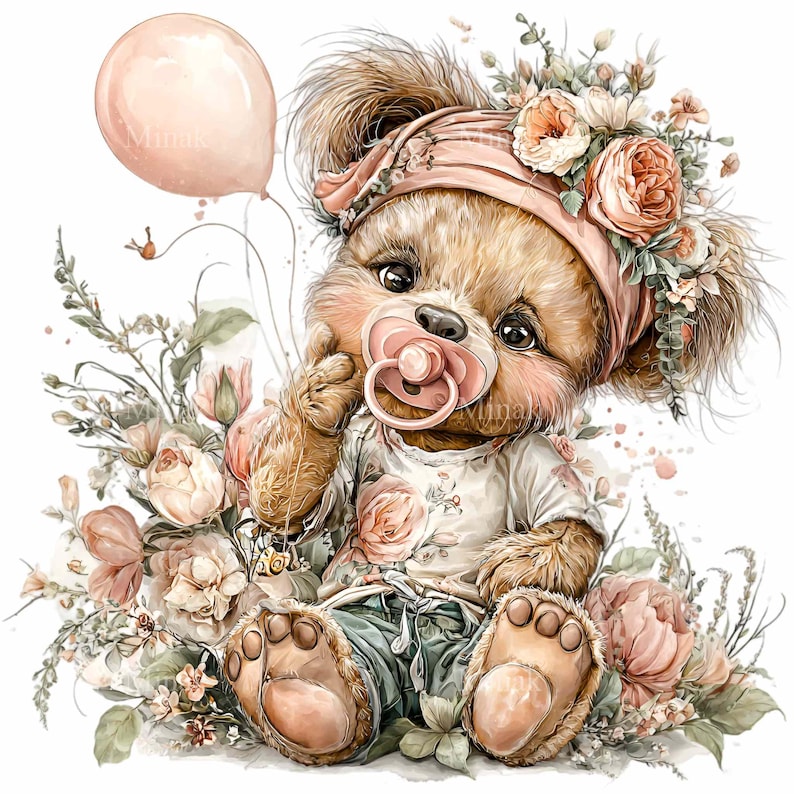 15 PNG Baby Bear Clipart, Pacifier Illustration, Floral Crown Character ...