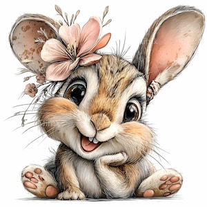 May include: A charming illustration of a smiling bunny with large, expressive eyes. The bunny has brown and white fur, adorned with a pink flower and delicate floral accents on its head. Its paws are visible, and it appears to be sitting, with a happy expression.