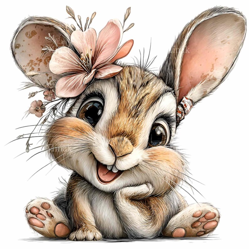 May include: A charming illustration of a smiling bunny with large, expressive eyes. The bunny has brown and white fur, adorned with a pink flower and delicate floral accents on its head. Its paws are visible, and it appears to be sitting, with a happy expression.