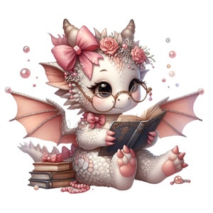 K&ouml;nnte beinhalten: Ein wei&szlig;er Drache mit rosa Fl&uuml;geln und einer rosa Schleife tr&auml;gt eine Blumenkrone und eine Brille. Der Drache sitzt und liest ein blaues Buch.