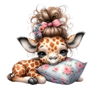 12 cliparts PNG mignon bébé girafe avec noeud floral et coussin, adorable art numérique pour chambre d'enfant, sublimation et travaux manuels