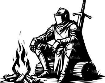 5 Cavalieri a riposo intorno al falò SVG, Guerriero medievale file vettoriale per taglio, Grafica per campeggio fantasy