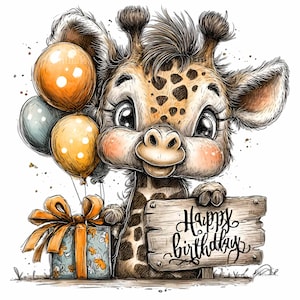 10 cliparts d'animal d'anniversaire PNG - Girafe tenant une pancarte PNG - Art mignon de la jungle pour les invitations à une fête d'enfants et les célébrations de bébé