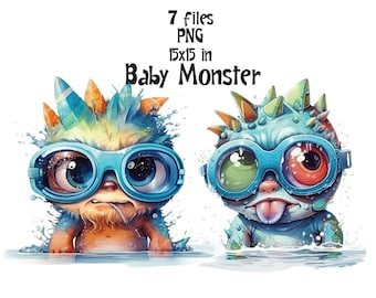 Cute Monster Clipart PNG, Watercolor Baby Bath Sublimation