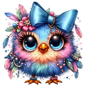 12 kleurrijke uil PNG-clipart - schattige uil met blauwe strik, veren en parels - grillige digitale kunst downloaden
