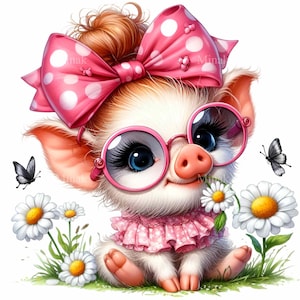 15 adorables cerditos bebés PNG con lazo de lunares rosas y gafas, diseño floral primaveral para sublimación infantil.