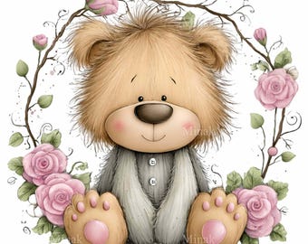 14 PNG Floral Bear Clipart, Rose Wreath Nursery Sketch