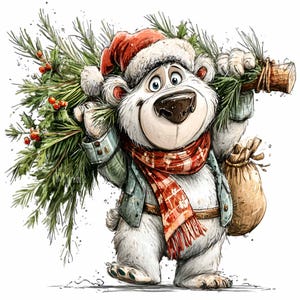 15 PNG Christmas Bear Clipart – Holiday Tree Carrying Bear PNG – Cute Winter Animal with Santa Hat for Cards, Stickers, Sublimation