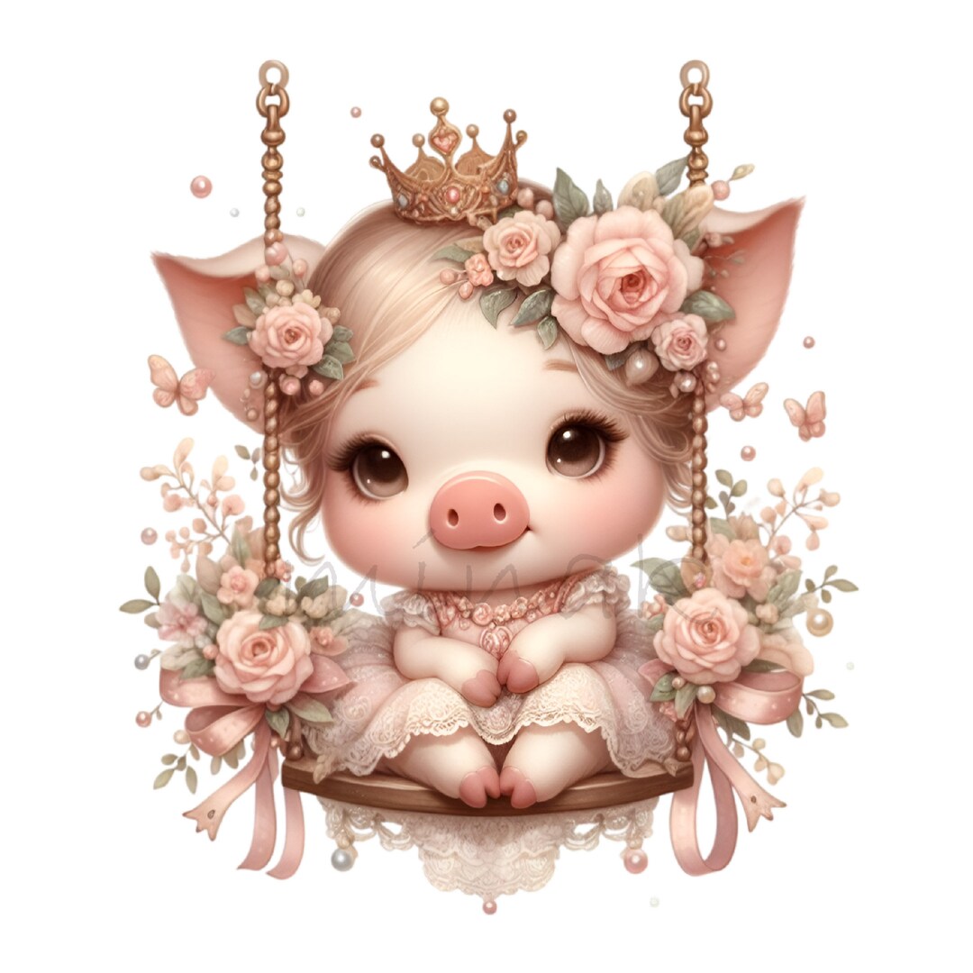 Princess Piglet 14 PNG Princess Piglet Clipart – Floral Animal Art on Swing With Crown ...