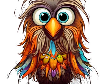 22 Messy Hair Owl Big Blue Eyes Png, Orange Feathers Quirky Cartoon Bird Clipart