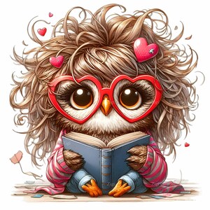 Süße Eule, die PNG Clipart mit flauschigem Haar, Herz-Brille und Schal, 10 entzückende Eulen-Kunst mit Buch und Herzen liest