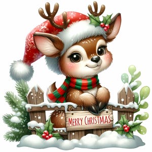 12 PNG mignon renne de Noël PNG Clipart, bébé cerf avec bonnet de Noel et écharpe tenant une pancarte joyeux Noël, conception de sublimation de vacances