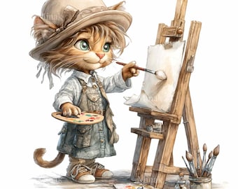 20 PNG Artist Kitten Clipart, Painter Cat Nursery Art