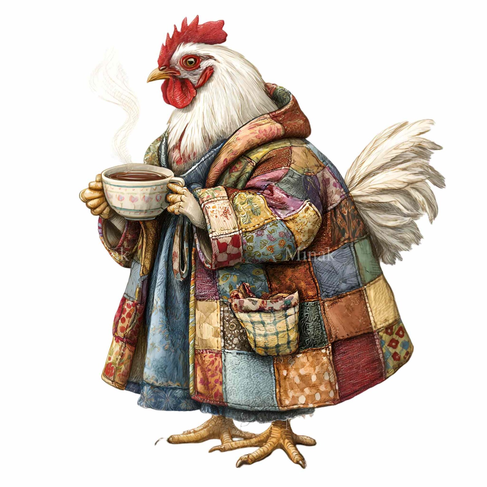 Rooster Robe 16 PNG Chicken in Robe Clipart, Funny Hen Drinking Coffee, Patchwork ...