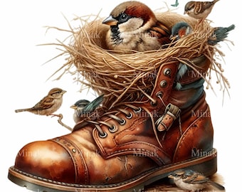 15 PNG Bird Nest in Work Boot, Rustic Garden Sparrow Clipart