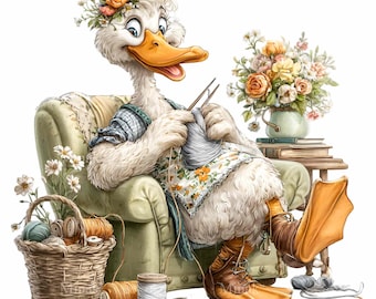 16 Strickende Enten-Oma-Sessel (PNG), Lustiger Garnkorb, Sublimations-Bauernhofkunst