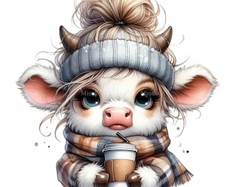 14 コーヒー牛 PNG、冬の動物クリップアート、ホリデービーニーグラフィック
