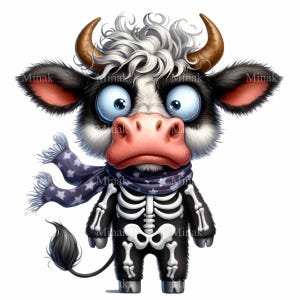 12 牛の骨格 PNG クリップアート、骨のコスチュームとスカーフをつけたかわいい漫画の牛、面白いハロウィーン動物のデジタル ダウンロード
