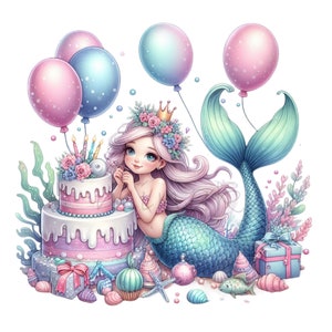Clipart sirène, clipart gâteau d'anniversaire, 14 PNG aquarelle conte de fées Clip Art, décoration de chambre d'enfant imprimable, couleurs pastel bricolage fabrication de cartes