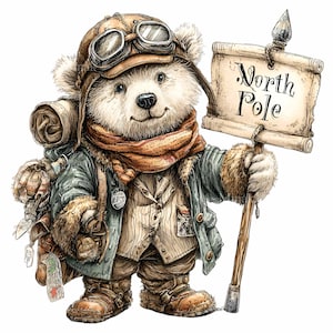 10 PNG Winter Explorer Bear Clipart – Cute Arctic Travel Bear PNG – Holiday Animal with Sign for Christmas Cards, Crafts, Stickers