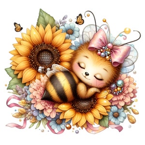 Honigbiene Clipart, niedliche Hummel Clip Art, 10 PNG Sonnenblume Baby Biene, digitale Downloads, Kartenherstellung, Sublimation, Geschenkanhänger, Junk Journal