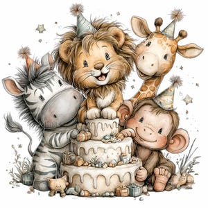 May include: A whimsical illustration features a lion, zebra, giraffe, and monkey celebrating. They are gathered around a three-tiered cake adorned with gifts and decorations. Each animal wears a party hat, creating a festive and joyful scene.