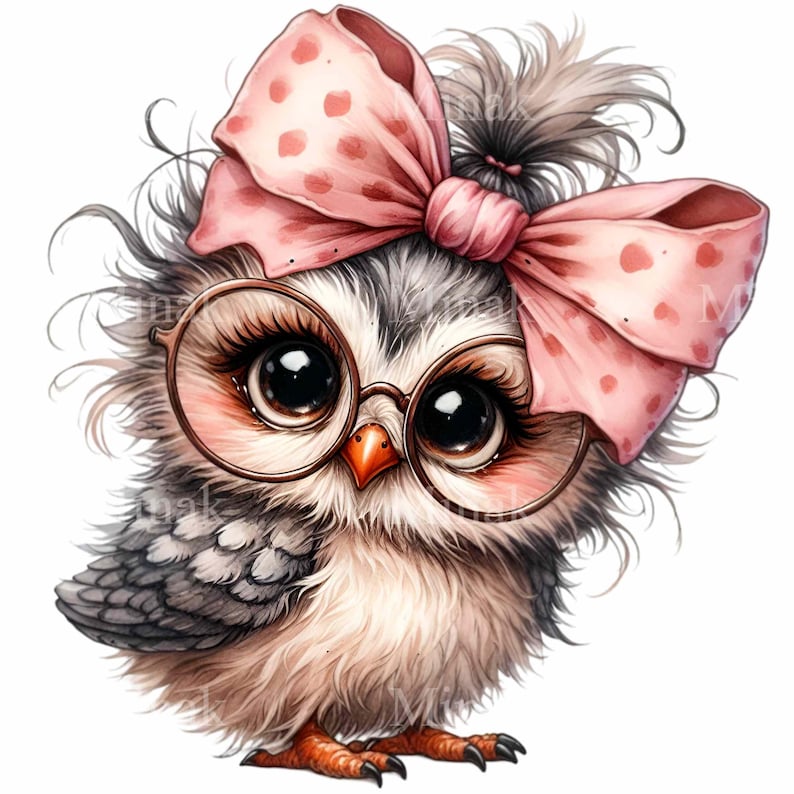 May include: A cartoon illustration of a grey and brown owl wearing pink glasses and a pink polka dot bow. The owl has large, black eyes and a small, orange beak.