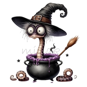 Puede incluir: Una serpiente de dibujos animados con un sombrero de bruja y un palo de escoba, revolviendo una poción morada en un caldero negro. Dos serpientes están enroscadas en el suelo.