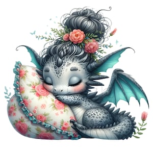 10 cliparts PNG bébé dragon endormi avec coussin floral et roses, jolie créature fantastique aux cheveux tressés pour oeuvre d'art murale pour chambre d'enfant