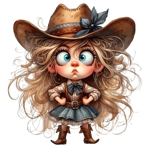 Cute Cowgirl Digital Clipart 12 PNG - Adorabile illustrazione di ragazza occidentale con cappello e stivali