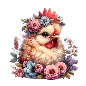 10 PNG de pollos florales: adorable clipart de gallina con corona de flores. Diseño de sublimación de estilo rústico para decoración primaveral e impresiones campestres.