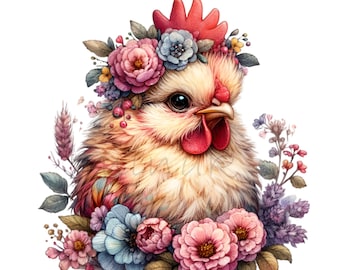 10 花柄の雌鶏 PNG、鶏のリース牡丹の花、農家の鳥の昇華アート