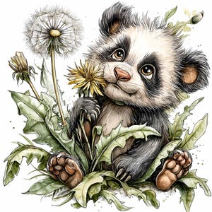 12 PNG Panda pissenlit - Panda fleur PNG clipart - Joli bébé animal pour enfants art mural, décoration de chambre d&#39;enfant, sublimation, travaux manuels numériques