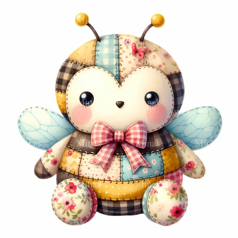 12 PNG Patchwork Bumble Bee Floral Quilt Clipart, Nursery Watercolor - Etsy