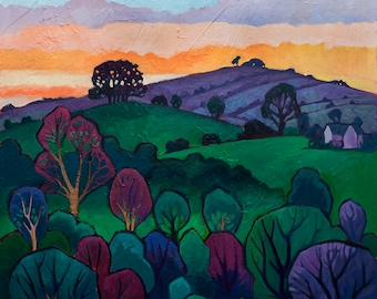 May include: A painting of a landscape with a hill in the background and a forest in the foreground. The sky is a vibrant orange and purple, and the trees are a mix of green, purple, and blue.