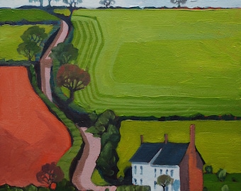 May include: A painting of a white farmhouse with a red brick chimney, set against a green field with a winding dirt road leading to it. The road is bordered by trees and a red dirt field.
