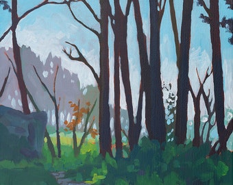 May include: A painting of a forest path with tall, dark trees on either side. The path leads into the distance, where the trees are lighter and more distant. The sky is a light blue, and there are some clouds in the distance.