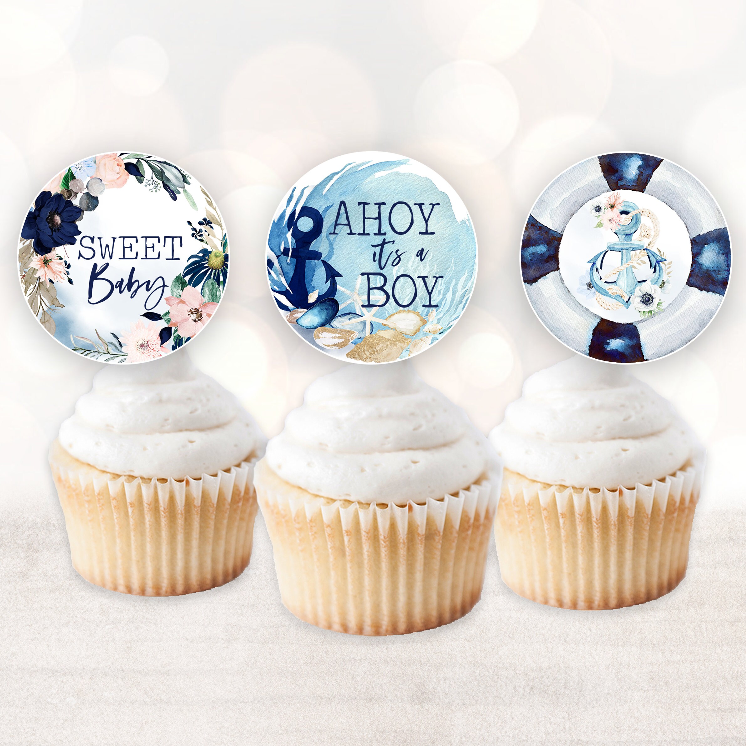 Nautical Boy Baby Shower Cupcake Toppers Navy Blue Anchor Etsy