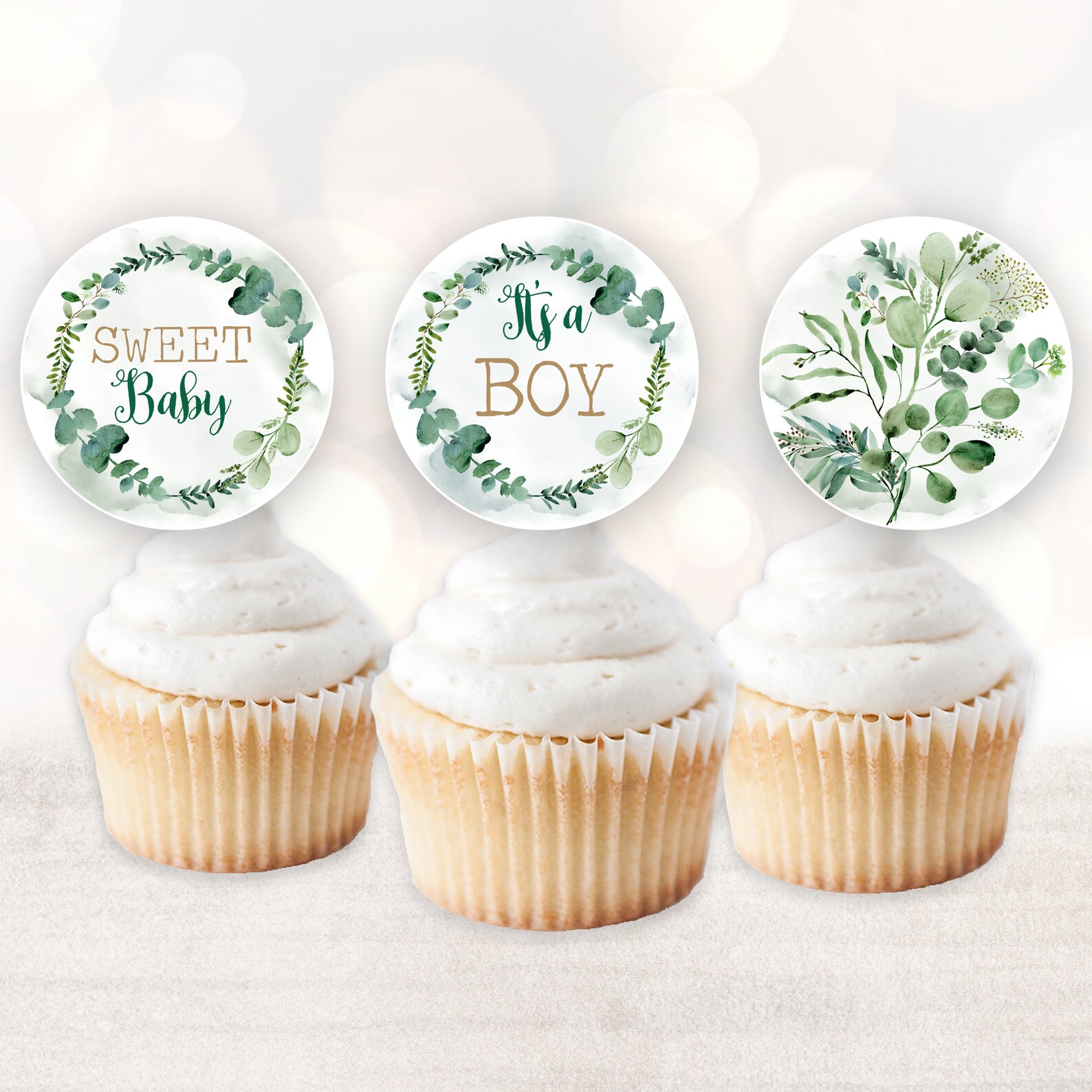 Greenery Baby Shower Cupcake Toppers Rustic Greenery Baby Etsy