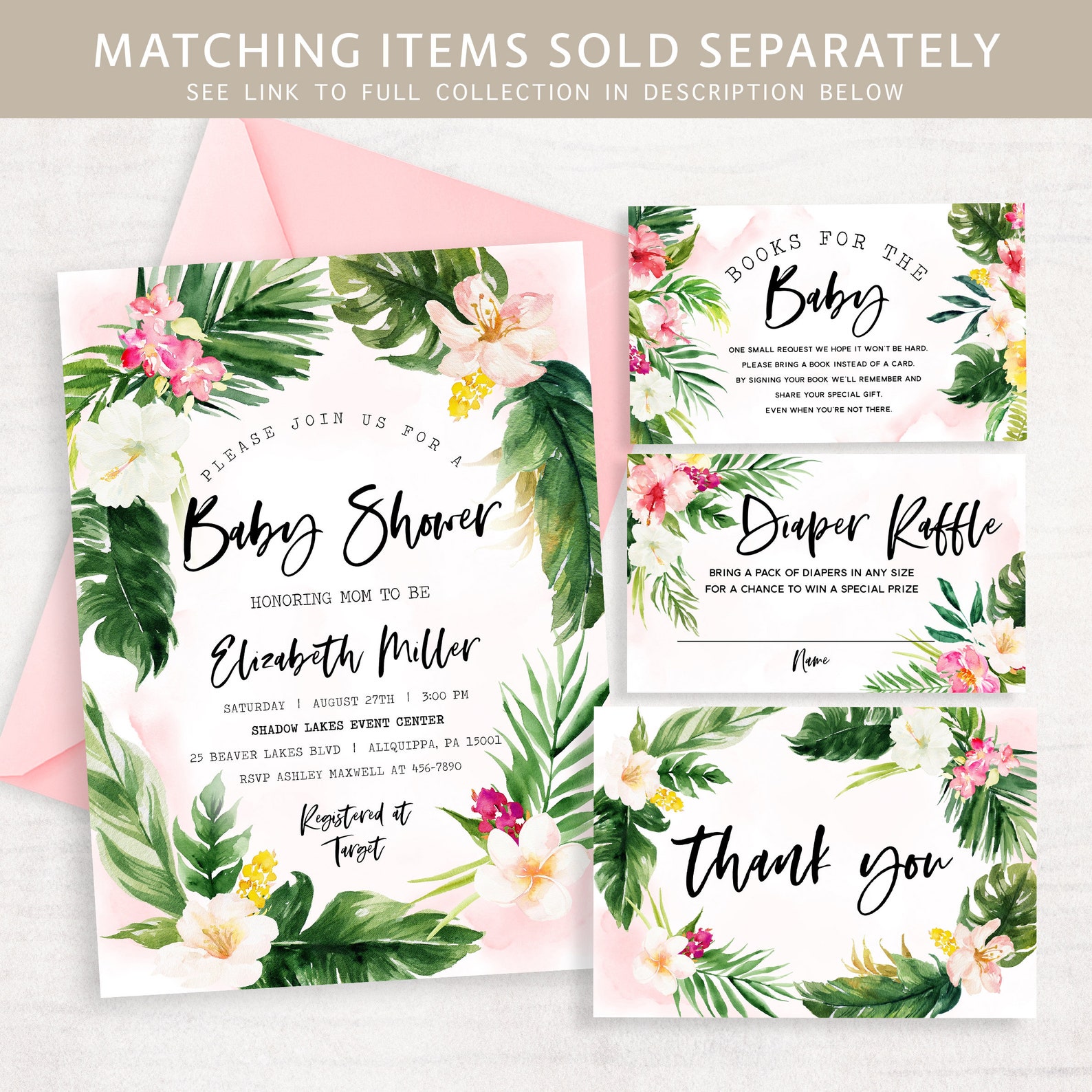 Tropical Baby Shower Thank You Card Tropical Girl Baby Shower Etsy