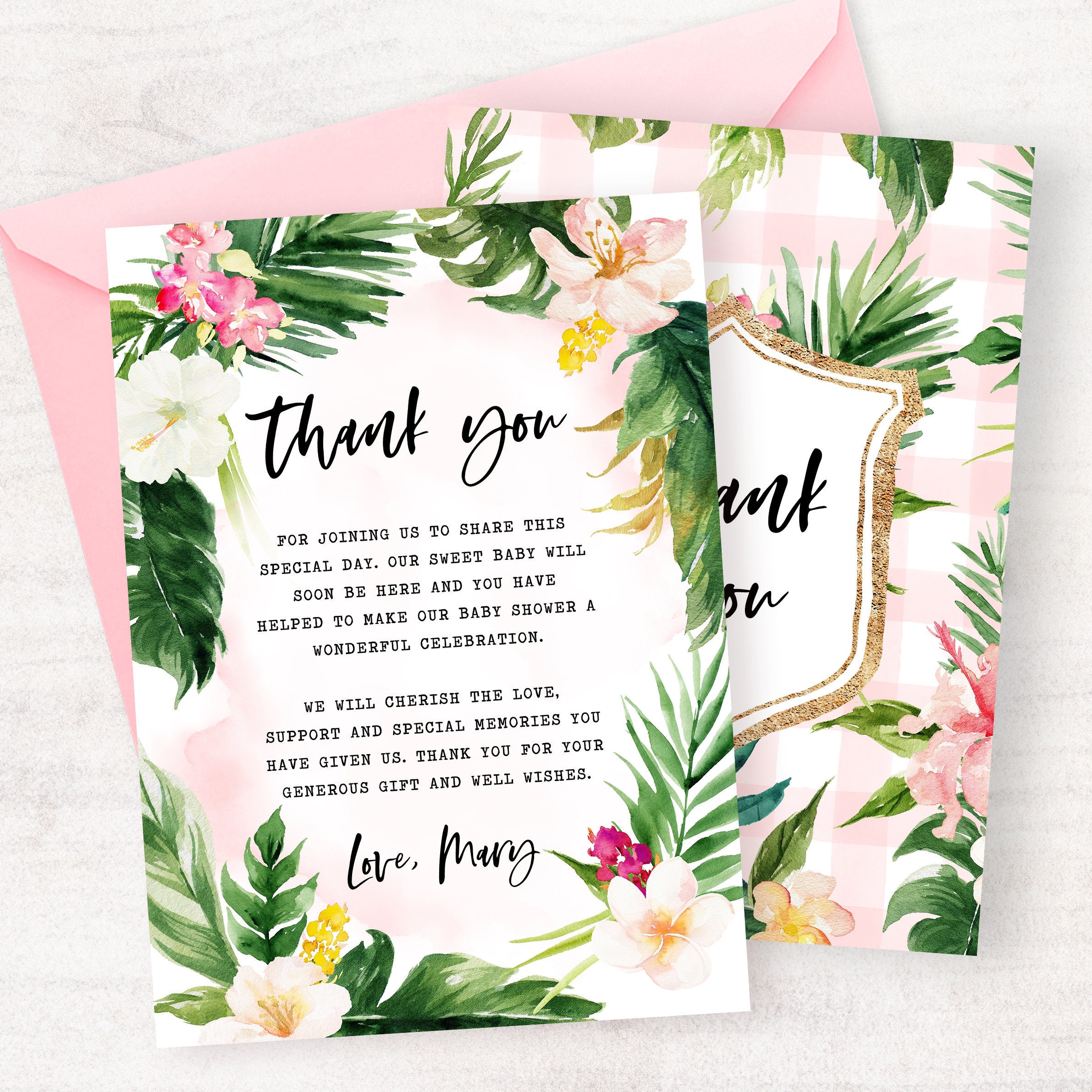 Tropical Baby Shower Thank You Card Tropical Girl Baby Shower Etsy