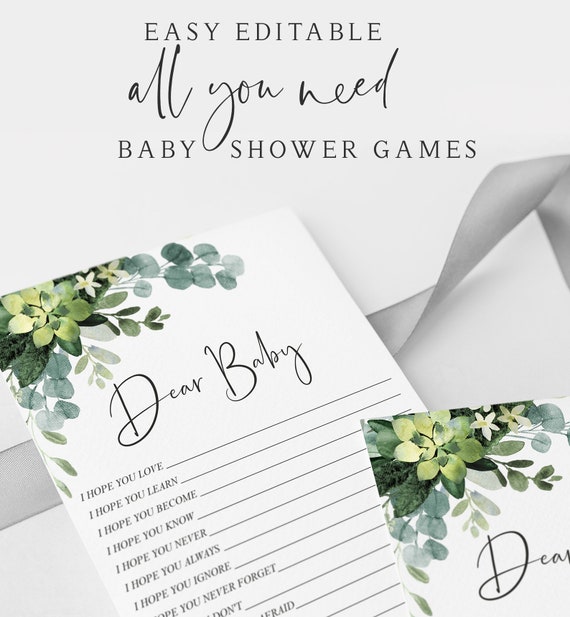 Greenery Baby Shower Games for Zoom Baby Party Printables Virtual Baby Shower Dear Baby Game Virtual Baby Wishes Virtual Advice Cards GL1