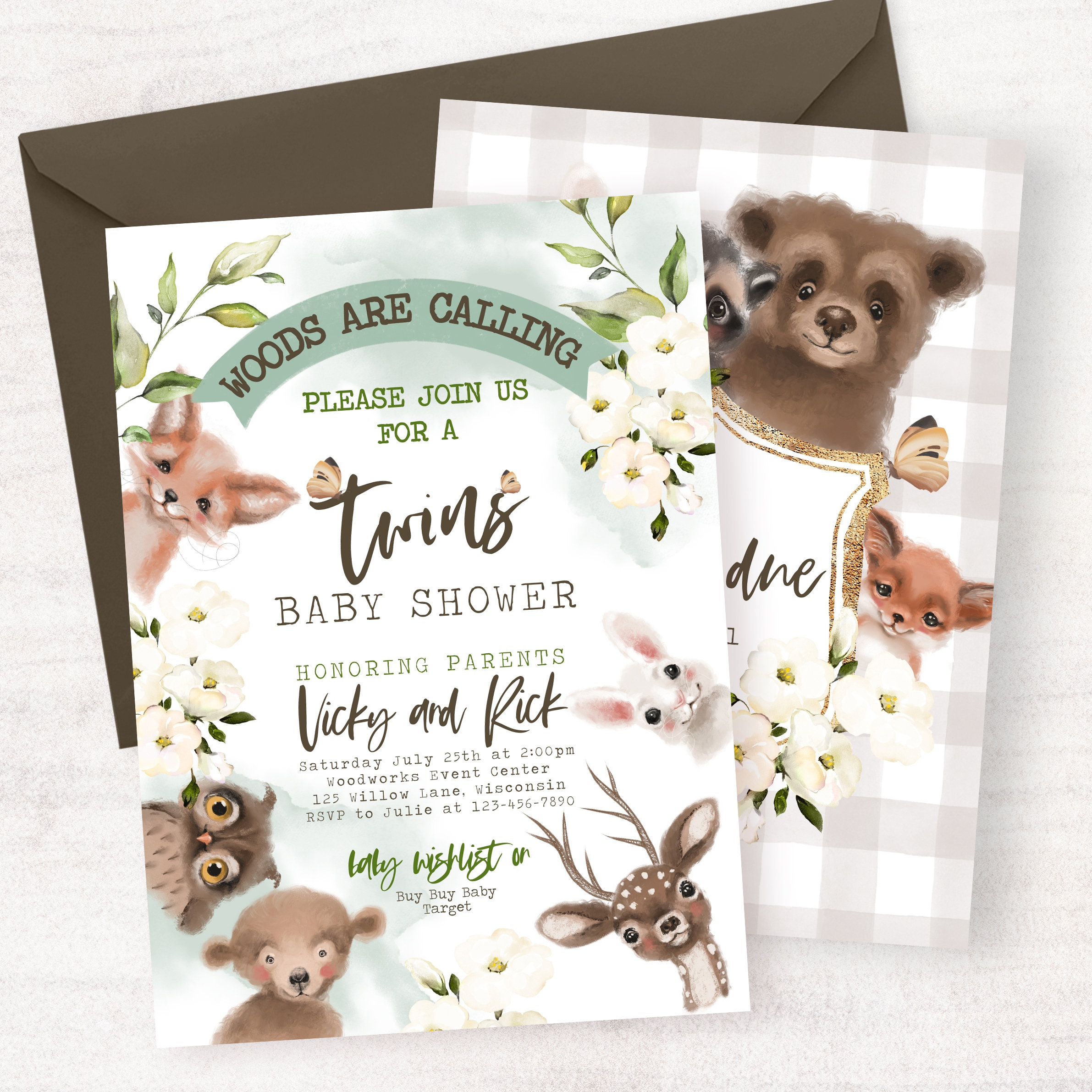 Woodland TWIN baby shower invitation rustic woodland twin Etsy