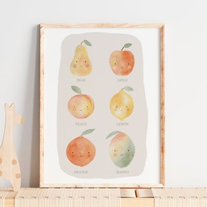 Printable digital poster, watercolor fruit illustrations, fruit names, educational poster, printable wall decor,nursery decoration