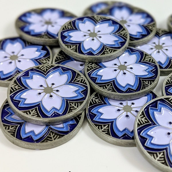 L5R Metal Fate: Winter Silver Sakura Tokens (Limited Edition Winter 2018 Coin - Unofficial Fate/Honor Tokens for games like L5R LCG)