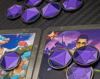 May include: Two trading card game cards with purple gem tokens. The card on the left features a purple dinosaur with a green flower. The card on the right features a man with sunglasses. The text on the left card reads "Senator Shrix" and the text on the right card reads "Informationer Gray".