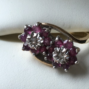 vintage gold ruby and single cut diamond double cluster ring